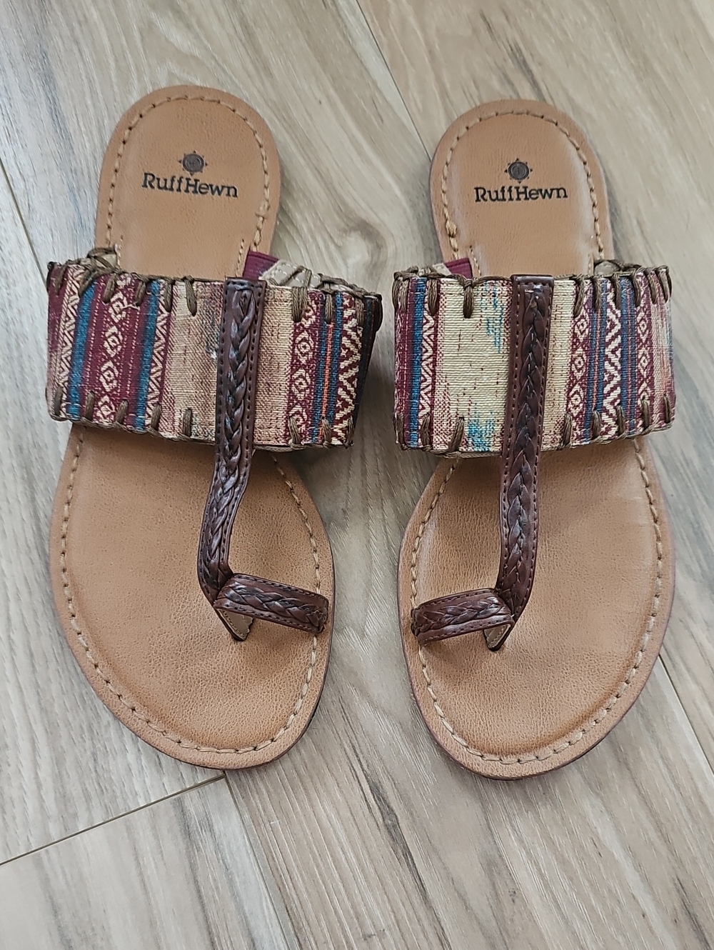 Ruff Hewn Brown Leather Toe-Post Sandals with Multicolor Woven Band